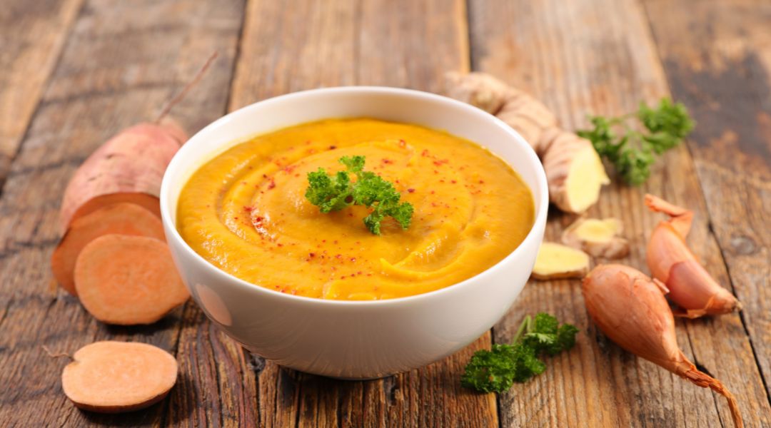 Soupe patates douce, poireaux, jambon