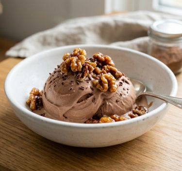 Glace au chocolat au lait, noix caramélisées Magimix.