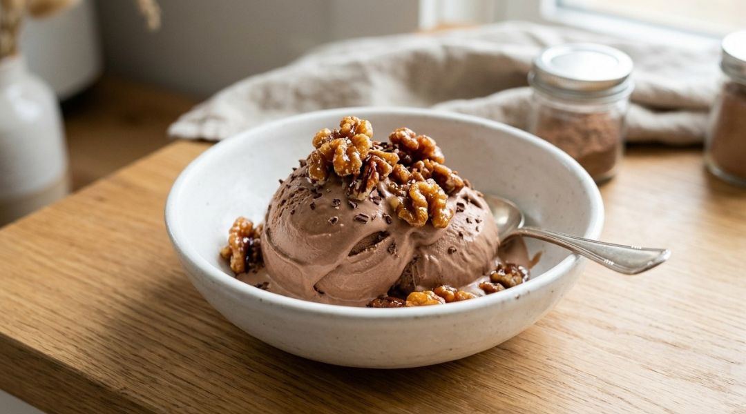 Glace au chocolat au lait, noix caramélisées