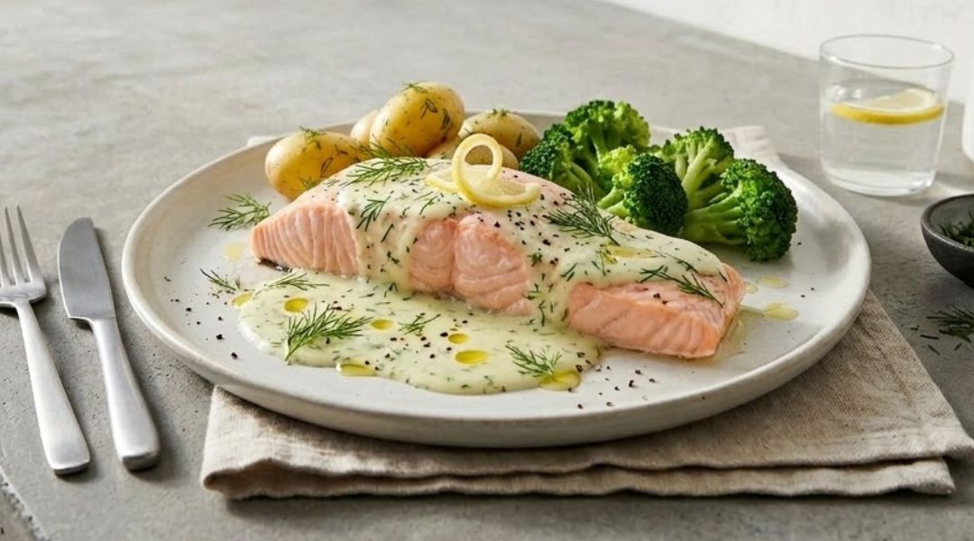 Steamed salmon with dill sauce
