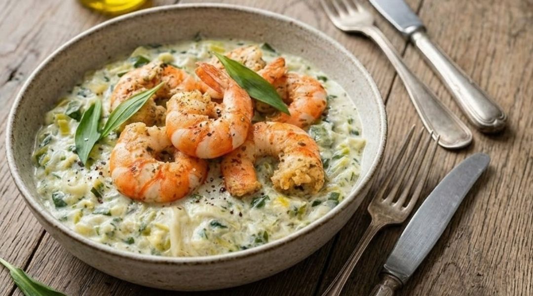 Crevettes et poireaux à l'ail