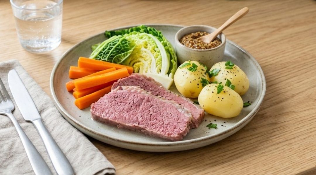 Steamed corned beef with vegetables