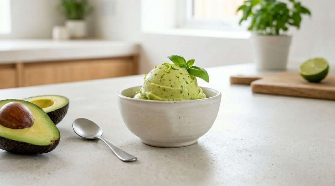 Glace avocat, citron vert et basilic