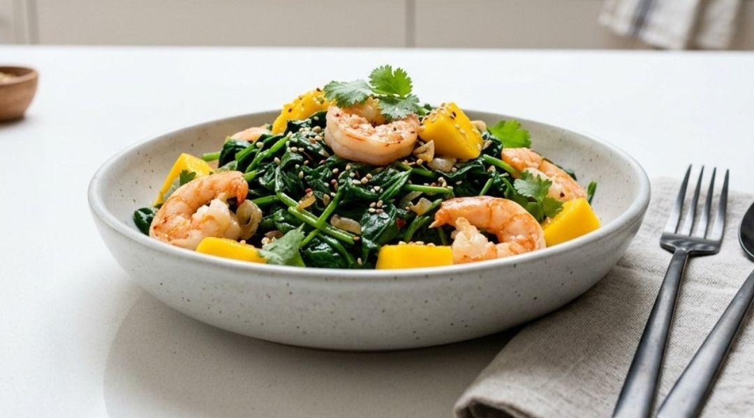 Salade épicée de crevettes, mangue, épinards