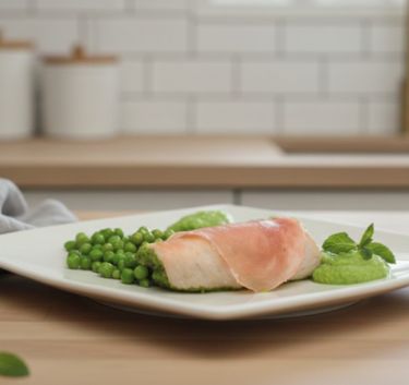 Rolled turkey, cream of pea soup Magimix.