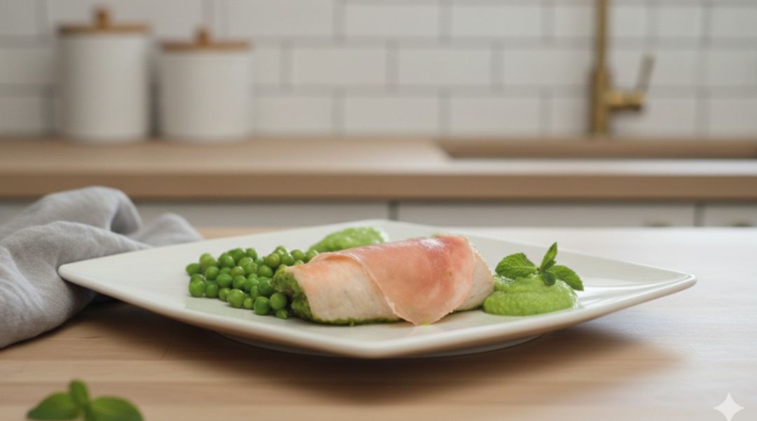 Rolled turkey, cream of pea soup